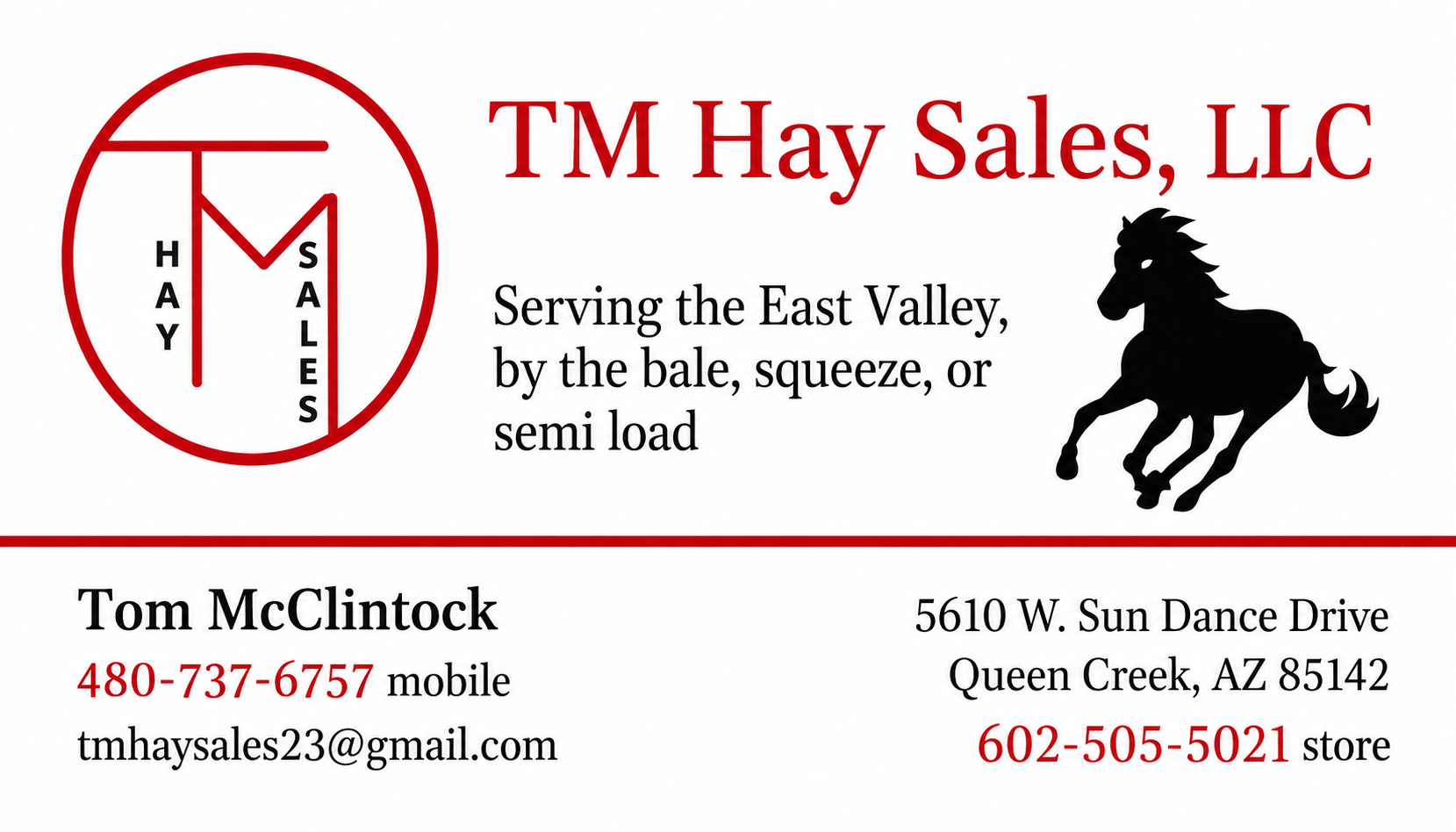 TM Hay Sales, LLC business card front